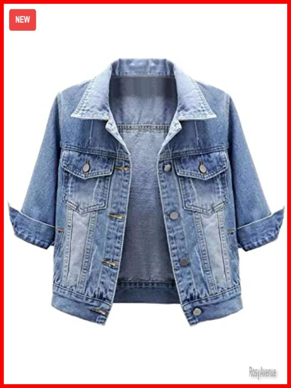 3/4 Sleeve Cropped Denim Jacket Button Down Trucker Jean Jacket Coat
